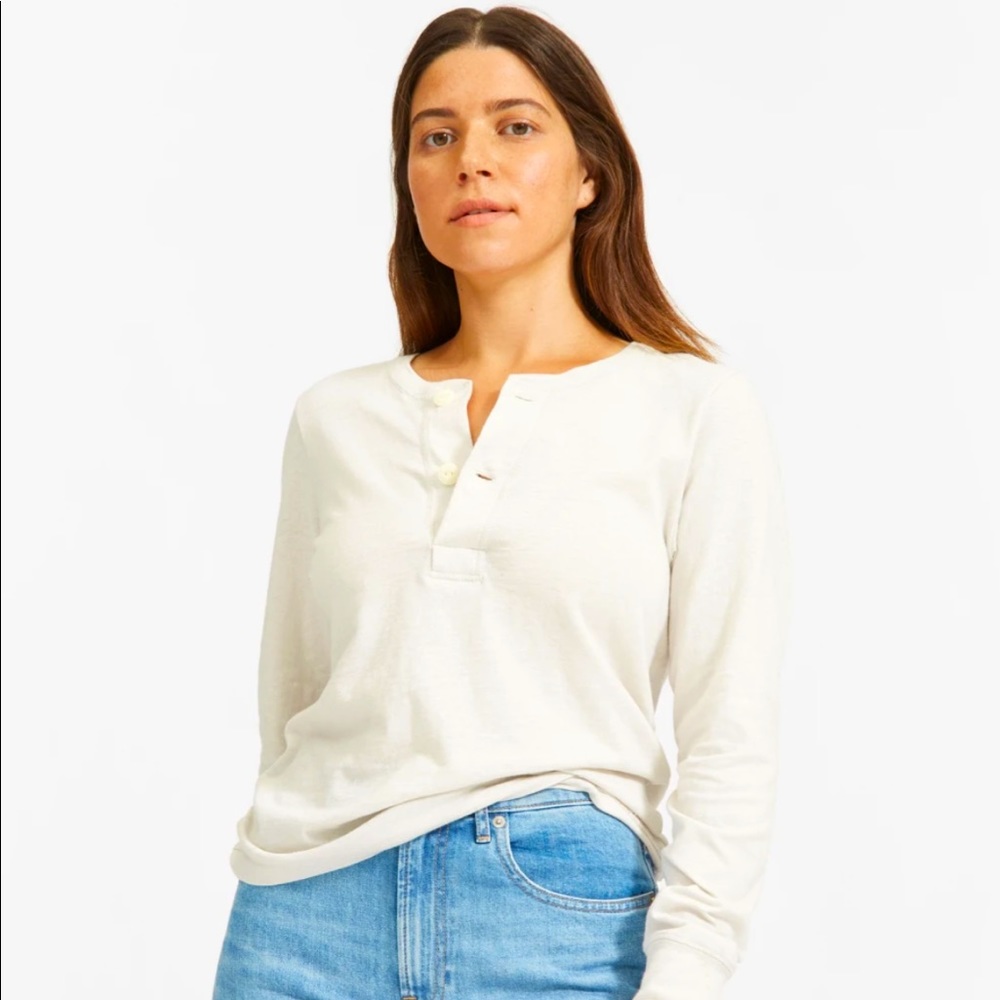 Everlane The ReCotton Henley - Size XXS - Off-White Long Sleeve, Cotton
